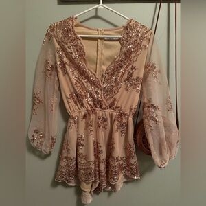 Showpo Sequin Embellished Romper in beige + gold, med/large
